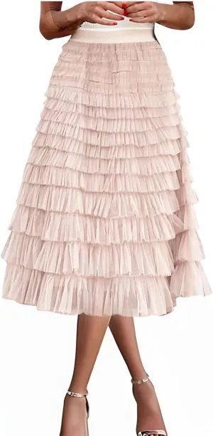 Women's Long Midi Tulle Skirts Dressy Casual A Line Ruffle High Waisted Tiered Layered Mesh Tutu Skirt Petticoat