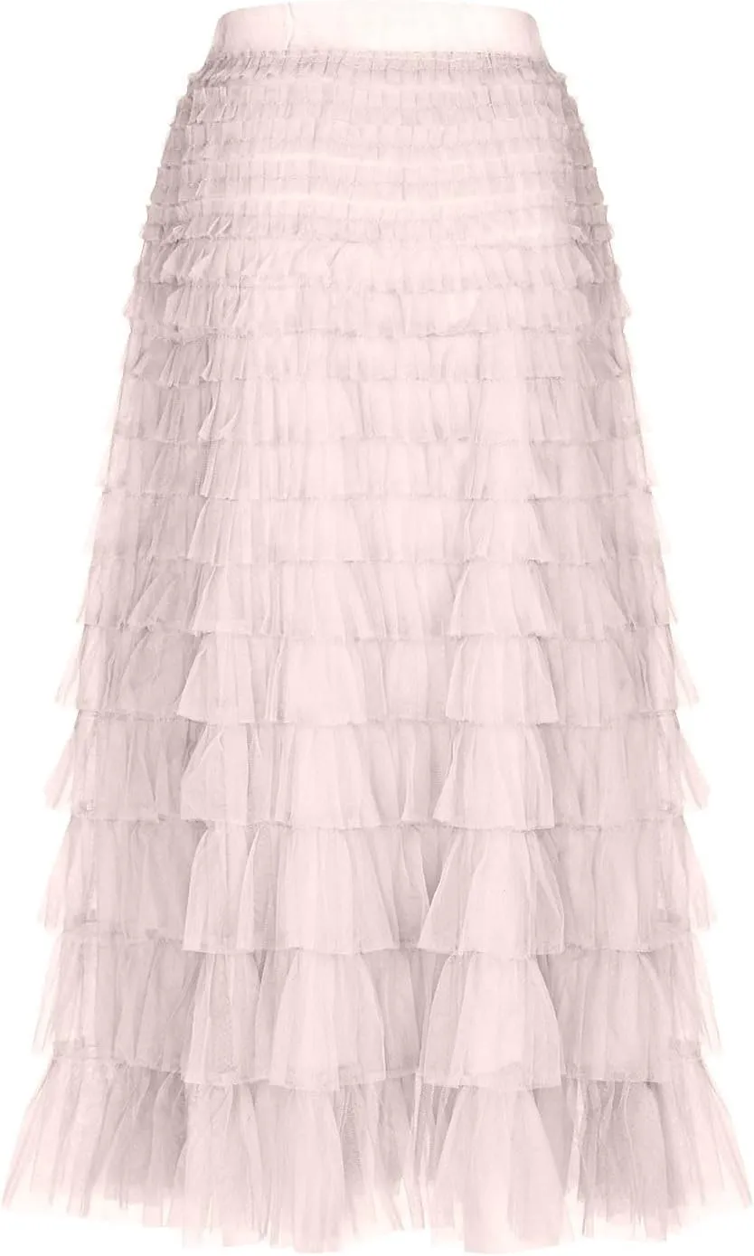 Women's Long Midi Tulle Skirts Dressy Casual A Line Ruffle High Waisted Tiered Layered Mesh Tutu Skirt Petticoat