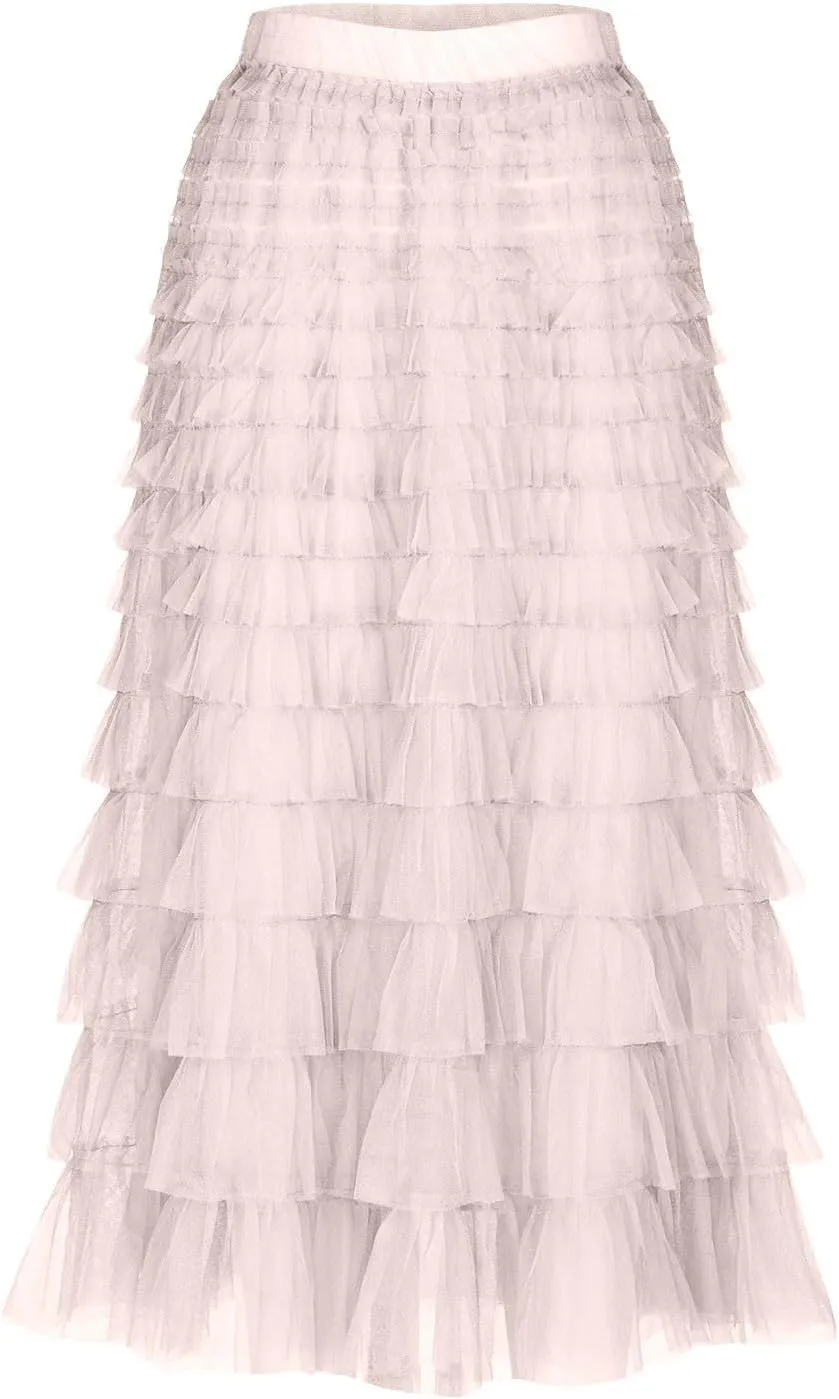 Women's Long Midi Tulle Skirts Dressy Casual A Line Ruffle High Waisted Tiered Layered Mesh Tutu Skirt Petticoat