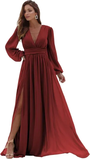 Women's Long Sleeve Bridesmaid Dresses with Slit V Neck Chiffon A Line Formal Prom Dresses Evening Gowns