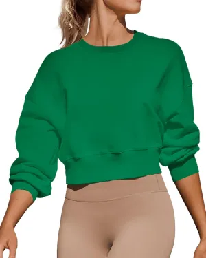 Women's Long Sleeve Round Neck Cropped Sweatshirts Cute Loose Fit Pullover Tops