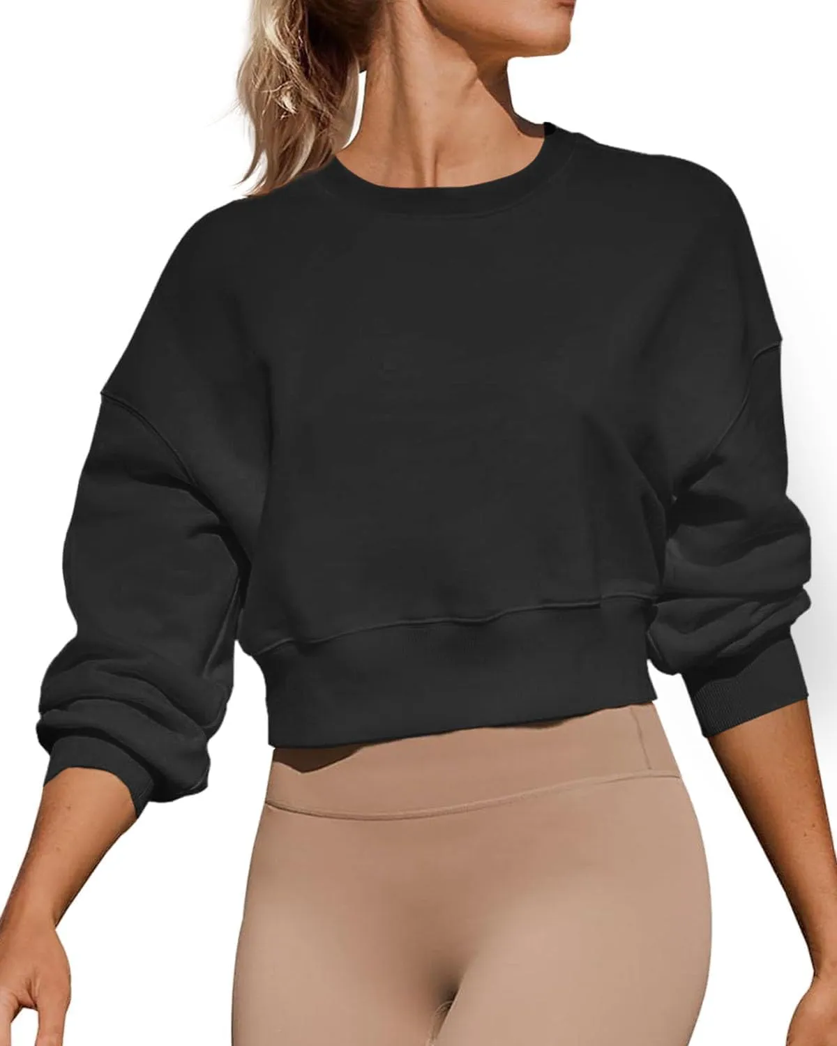 Women's Long Sleeve Round Neck Cropped Sweatshirts Cute Loose Fit Pullover Tops