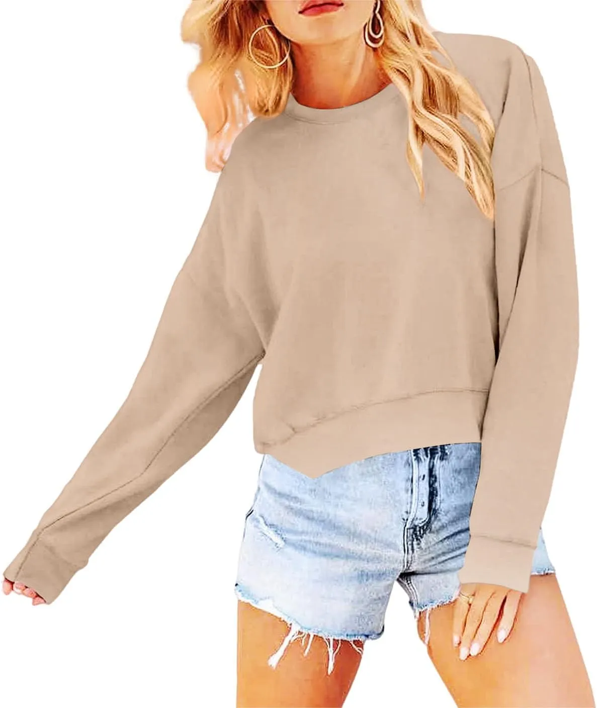 Women's Long Sleeve Round Neck Cropped Sweatshirts Cute Loose Fit Pullover Tops