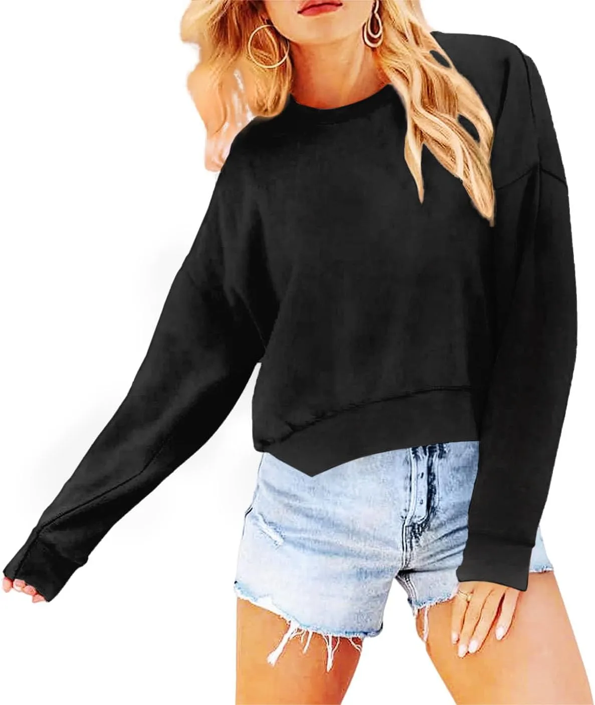 Women's Long Sleeve Round Neck Cropped Sweatshirts Cute Loose Fit Pullover Tops