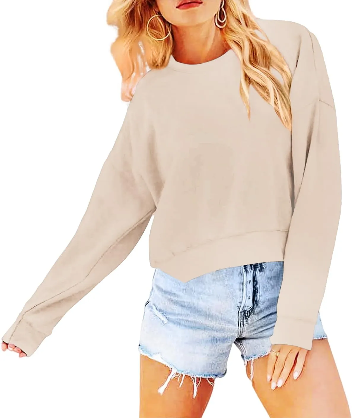 Women's Long Sleeve Round Neck Cropped Sweatshirts Cute Loose Fit Pullover Tops