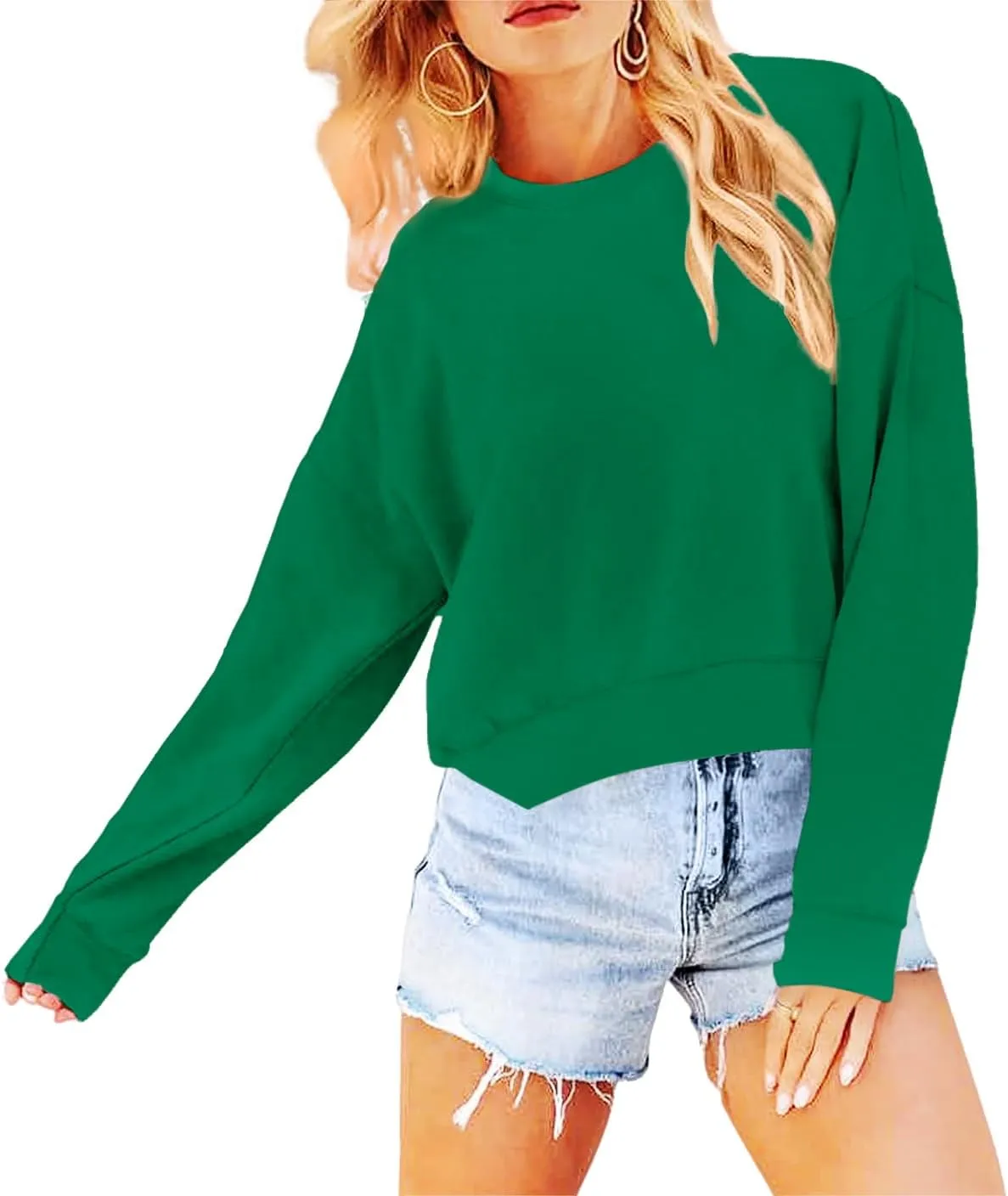 Women's Long Sleeve Round Neck Cropped Sweatshirts Cute Loose Fit Pullover Tops