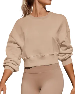 Women's Long Sleeve Round Neck Cropped Sweatshirts Cute Loose Fit Pullover Tops