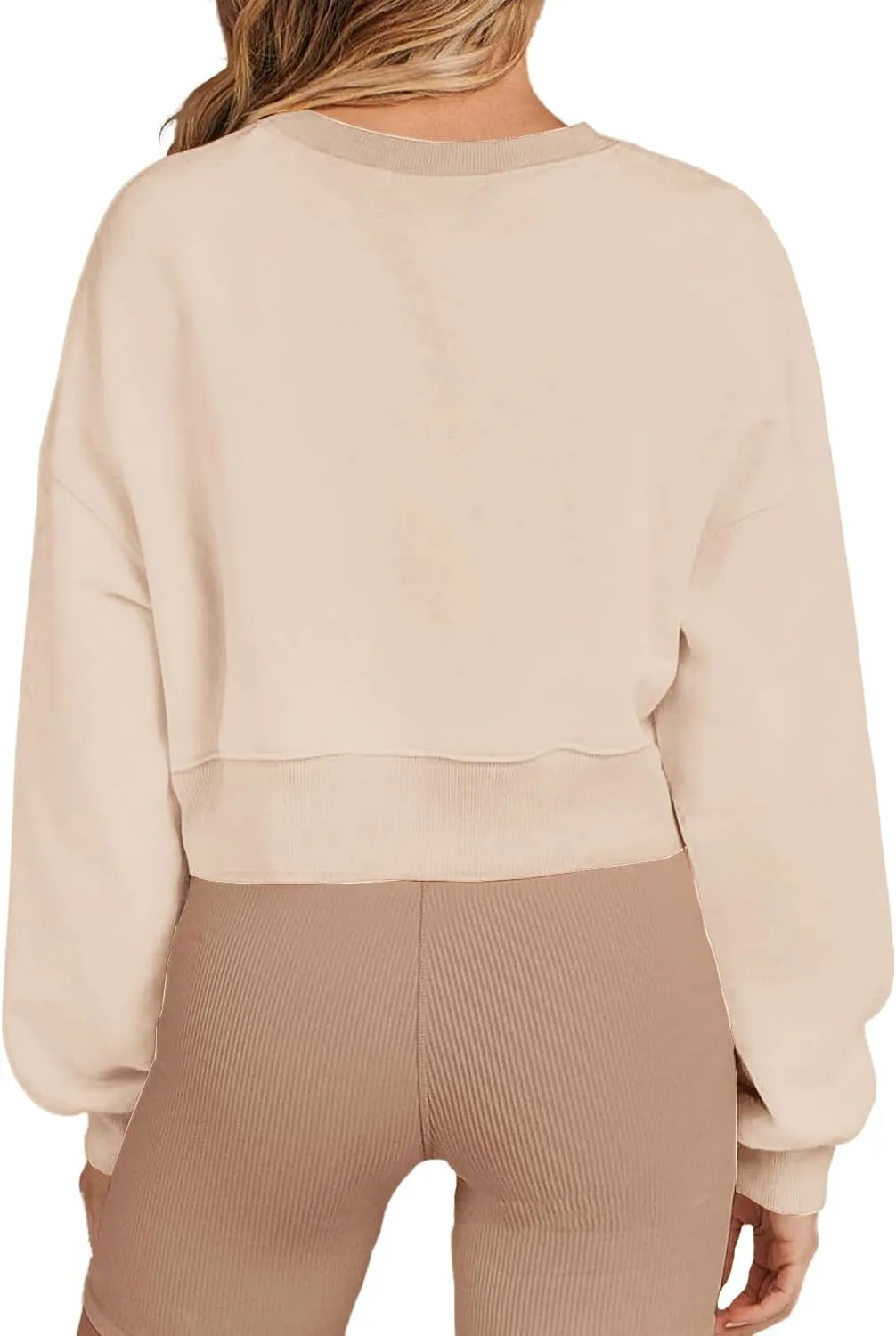 Women's Long Sleeve Round Neck Cropped Sweatshirts Cute Loose Fit Pullover Tops