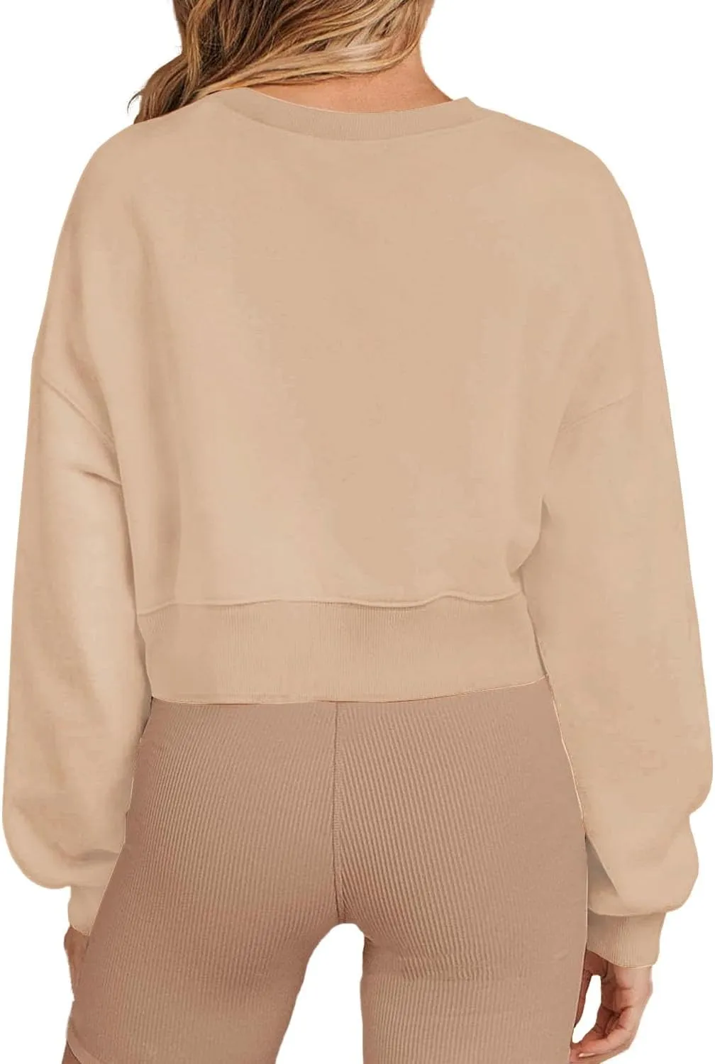 Women's Long Sleeve Round Neck Cropped Sweatshirts Cute Loose Fit Pullover Tops