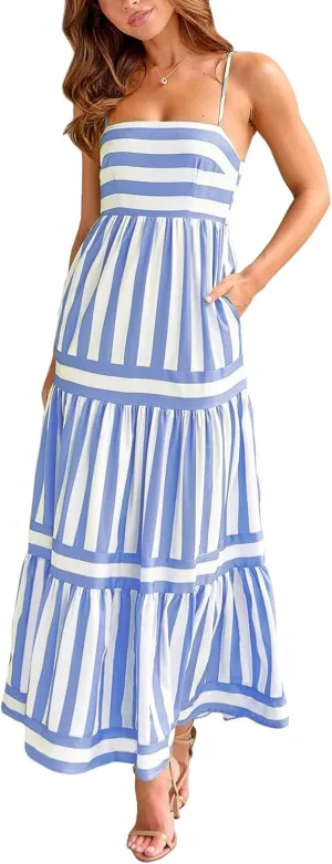 Women's Maxi Boho Dress Striped Print Sleeveless Spaghetti Straps Square Neck Dresses Beach Sundress with Pockets