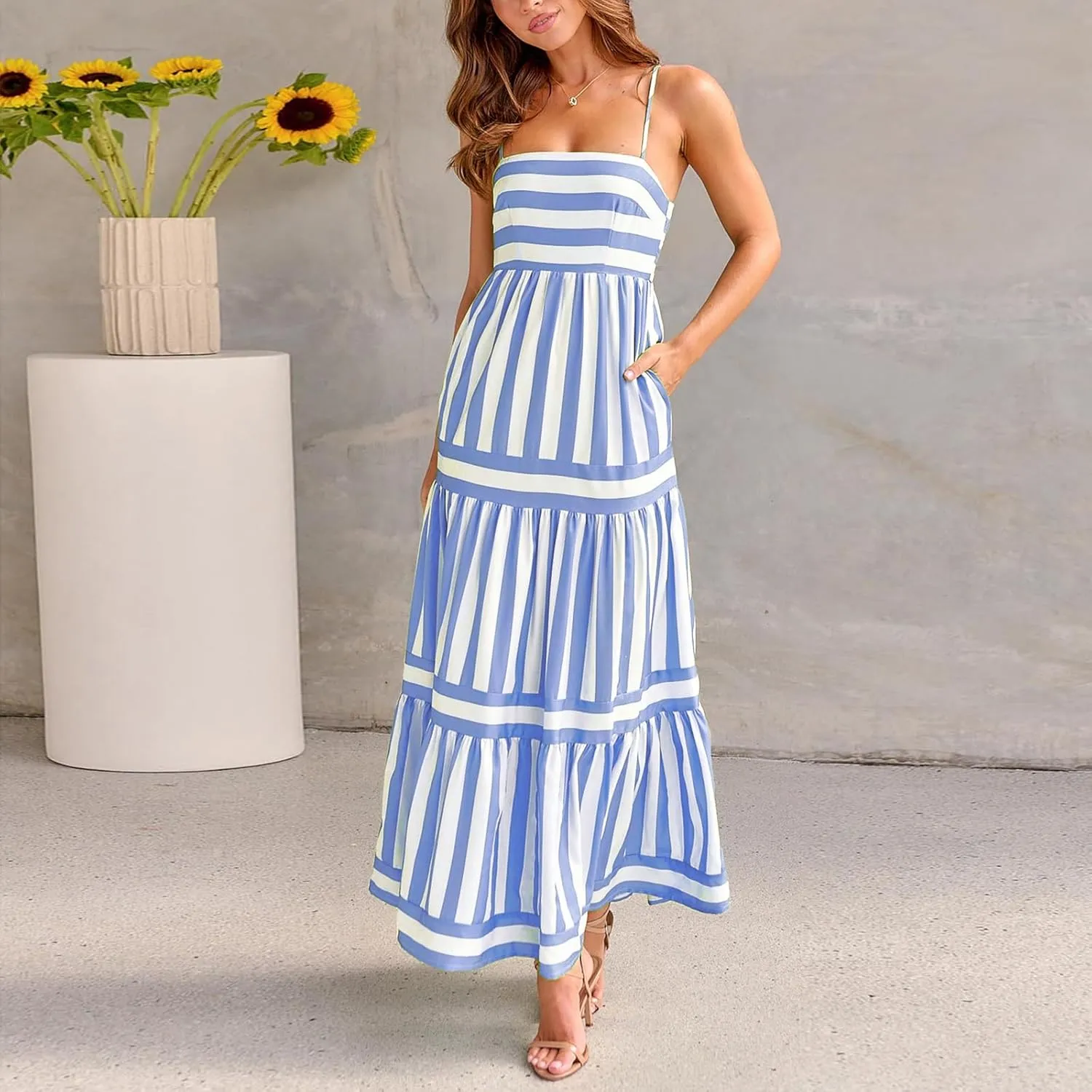 Women's Maxi Boho Dress Striped Print Sleeveless Spaghetti Straps Square Neck Dresses Beach Sundress with Pockets