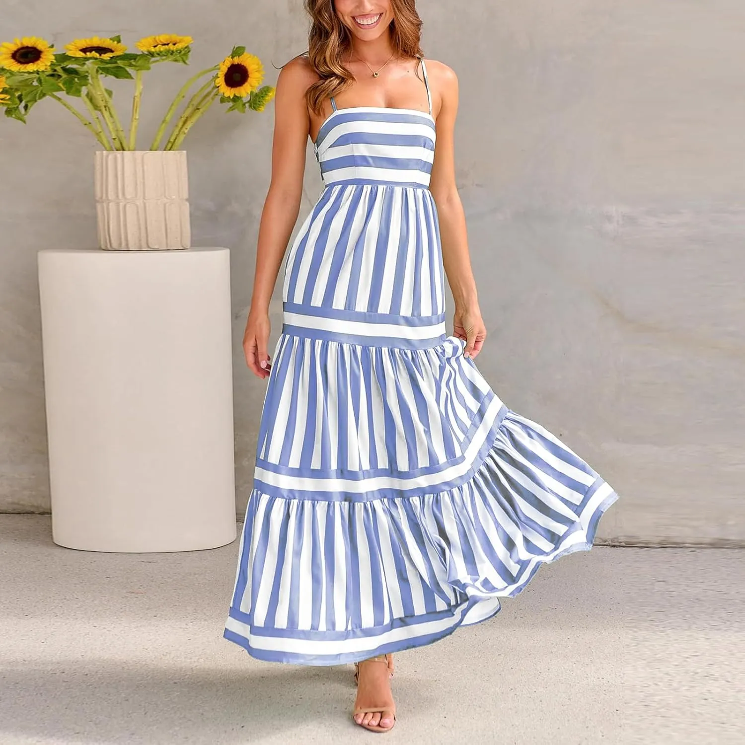 Women's Maxi Boho Dress Striped Print Sleeveless Spaghetti Straps Square Neck Dresses Beach Sundress with Pockets