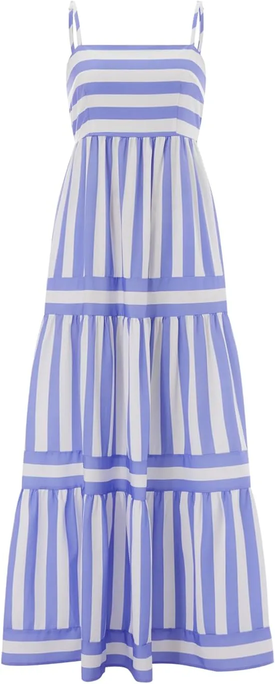 Women's Maxi Boho Dress Striped Print Sleeveless Spaghetti Straps Square Neck Dresses Beach Sundress with Pockets