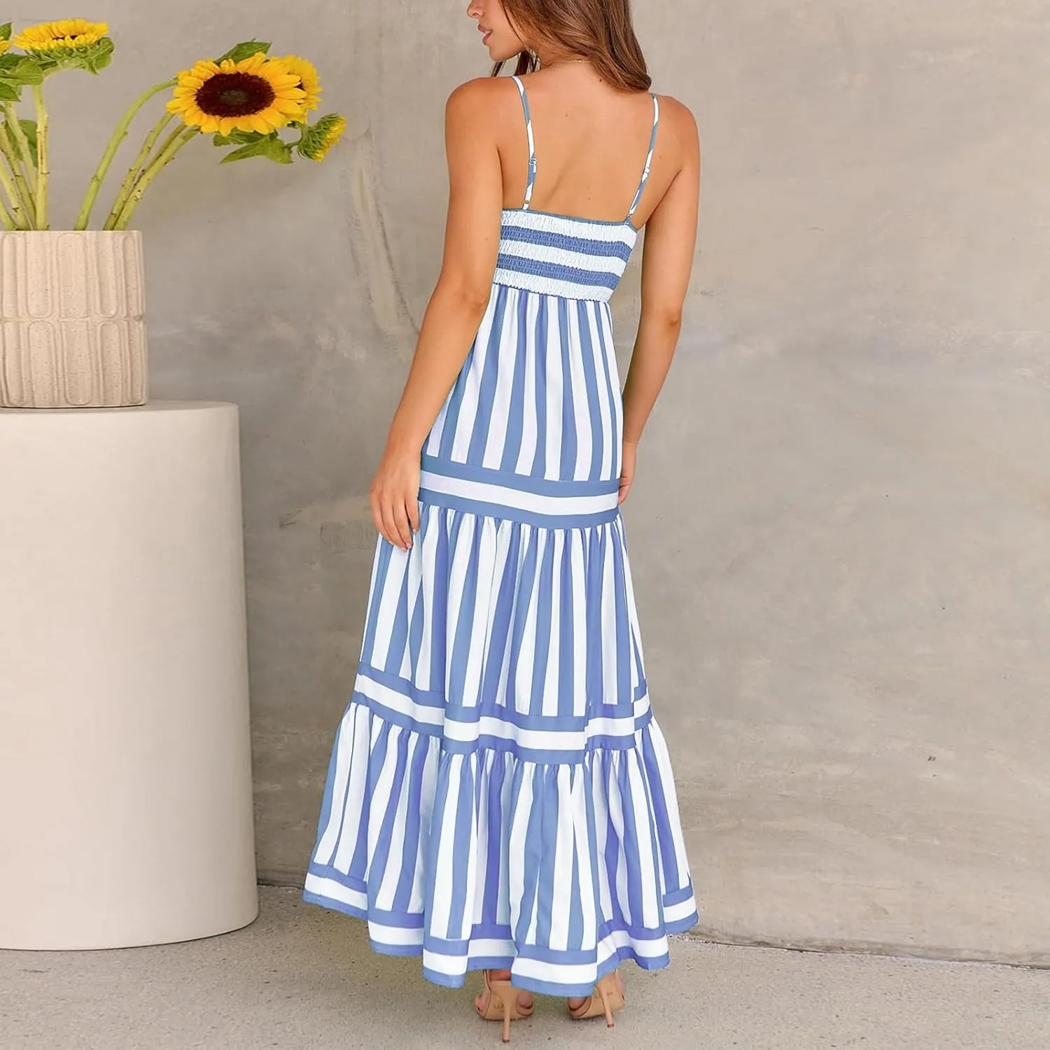 Women's Maxi Boho Dress Striped Print Sleeveless Spaghetti Straps Square Neck Dresses Beach Sundress with Pockets
