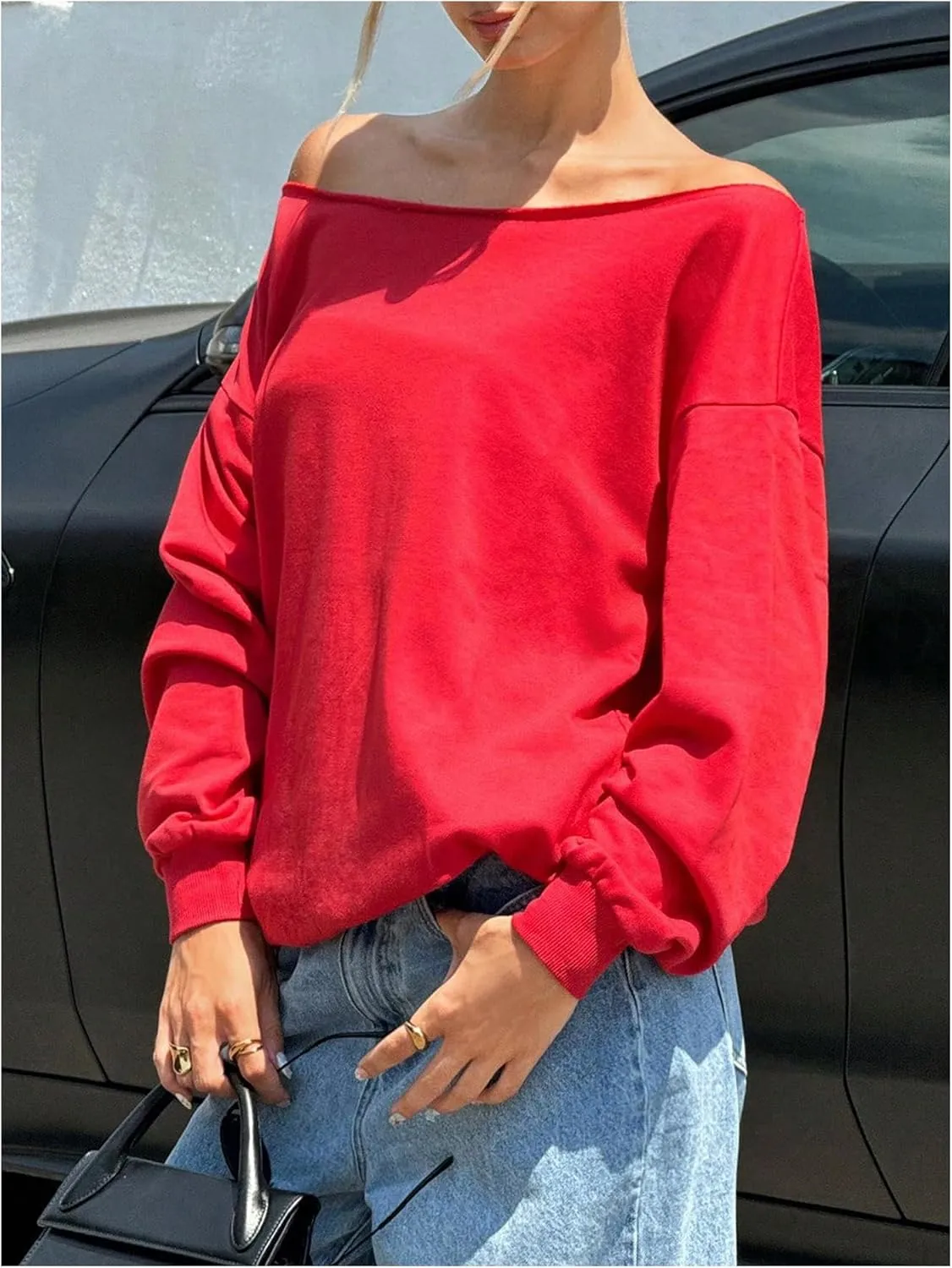 Women's Off Shoulder Sweatshirt Long Sleeve Casual Pullovers Tops Basic Trendy Y2K Fall Clothes