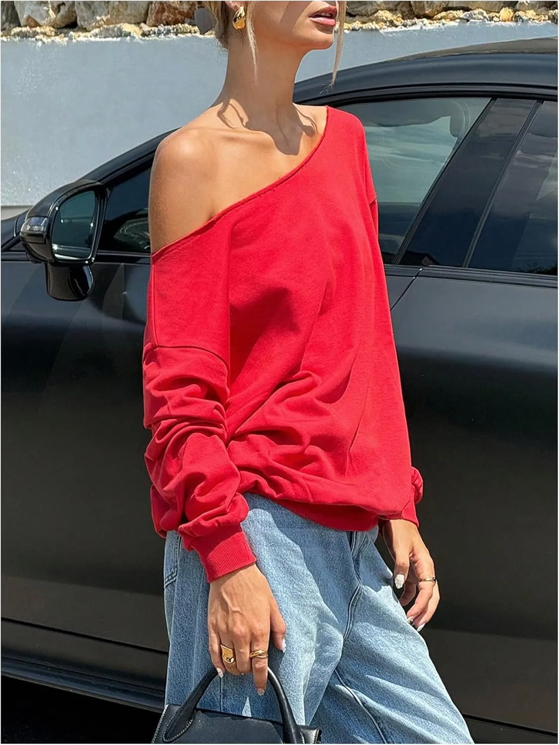 Women's Off Shoulder Sweatshirt Long Sleeve Casual Pullovers Tops Basic Trendy Y2K Fall Clothes