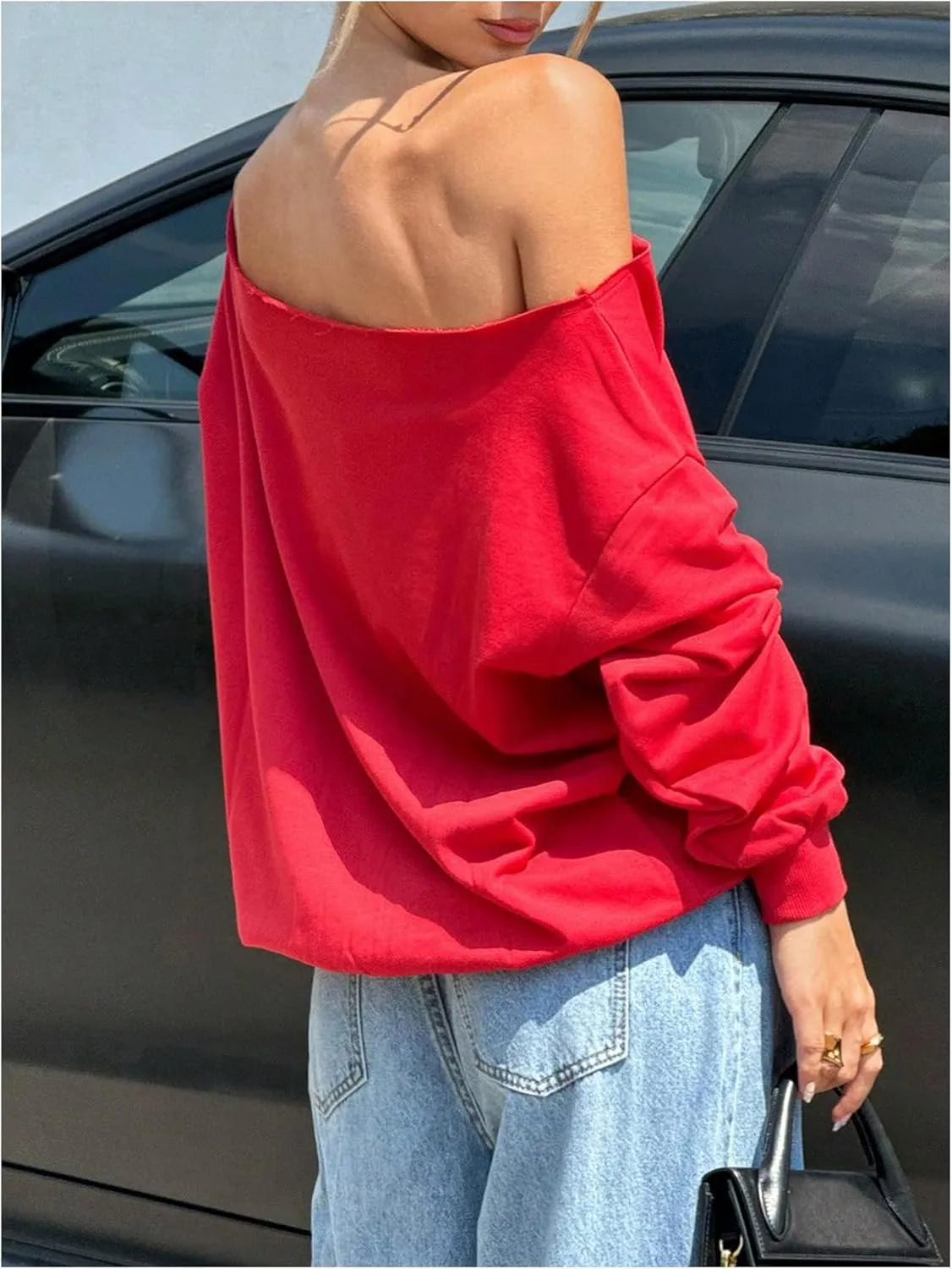 Women's Off Shoulder Sweatshirt Long Sleeve Casual Pullovers Tops Basic Trendy Y2K Fall Clothes