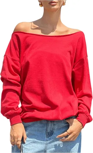 Women's Off Shoulder Sweatshirt Long Sleeve Casual Pullovers Tops Basic Trendy Y2K Fall Clothes