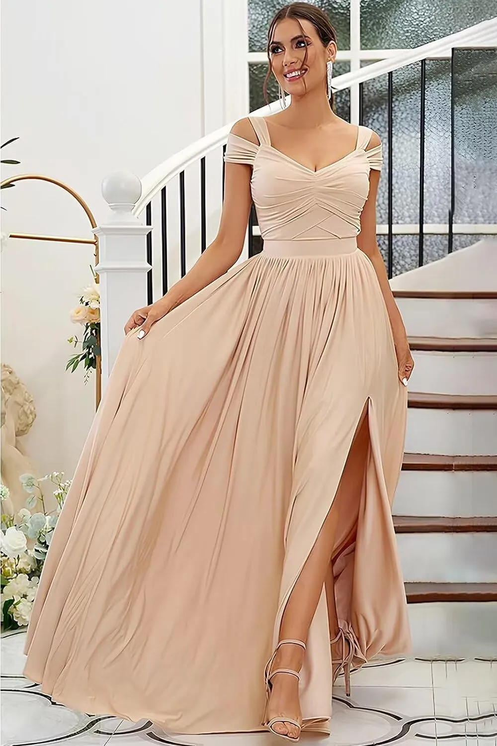 Women's Off The Shoulder Bridesmaid Dresses Long with Slit 2025 Pleated Chiffon Formal Party Dresses BF47