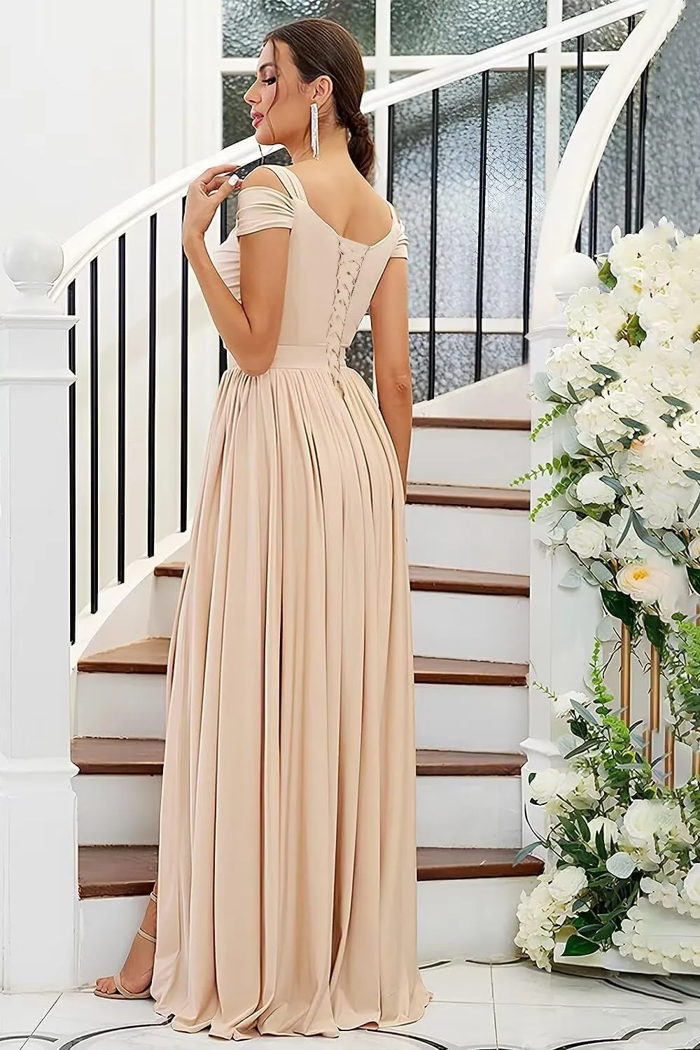 Women's Off The Shoulder Bridesmaid Dresses Long with Slit 2025 Pleated Chiffon Formal Party Dresses BF47