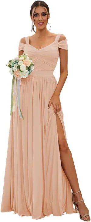 Women's Off The Shoulder Bridesmaid Dresses Long with Slit 2025 Pleated Chiffon Formal Party Dresses BF47