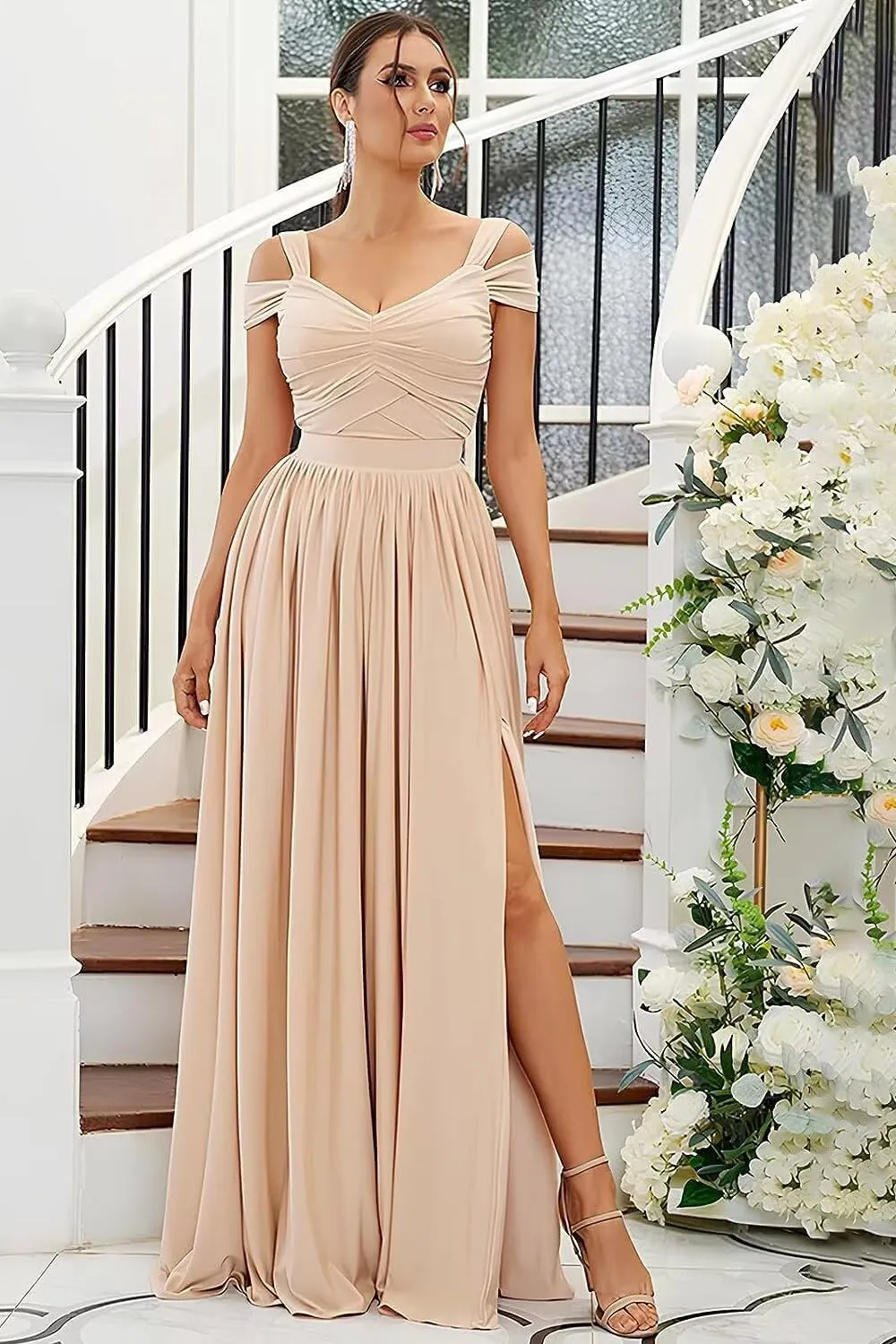 Women's Off The Shoulder Bridesmaid Dresses Long with Slit 2025 Pleated Chiffon Formal Party Dresses BF47