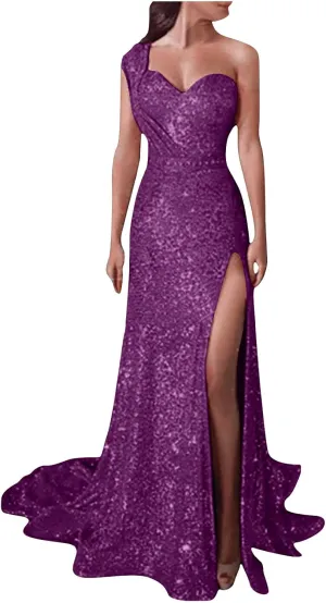 Womens One Shoulder Sequin Prom Formal Dress Glittery Sleeveless Split Side Thigh Floor Length Evening Wedding Gown