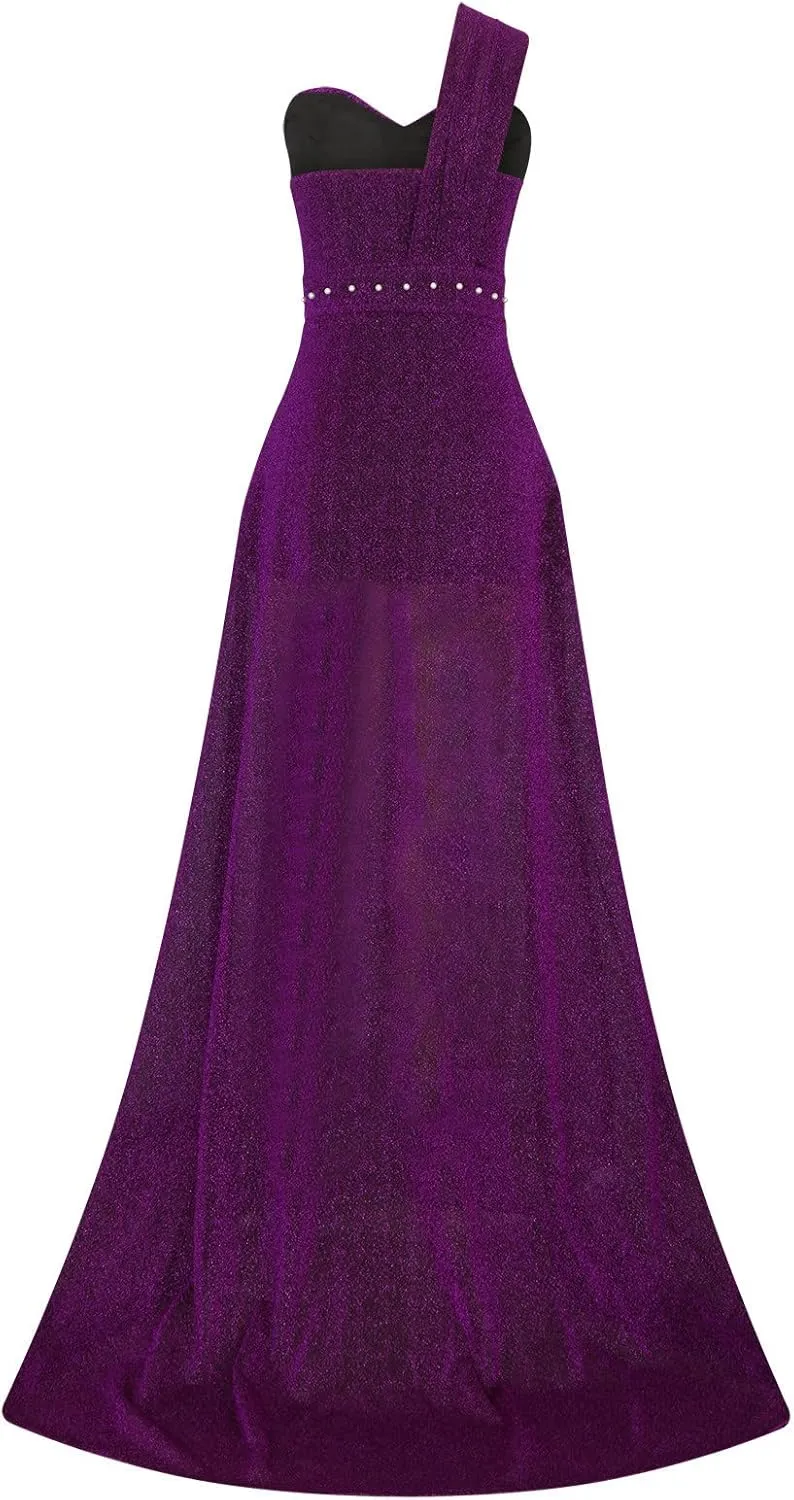 Womens One Shoulder Sequin Prom Formal Dress Glittery Sleeveless Split Side Thigh Floor Length Evening Wedding Gown
