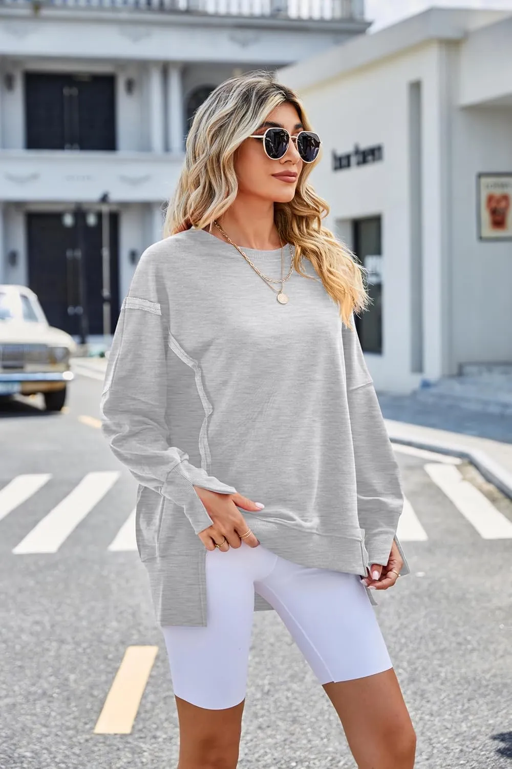 Womens Oversized Crewneck Sweatshirts Long Sleeve Side Slit Sweatshirt Lightweight Pullovers
