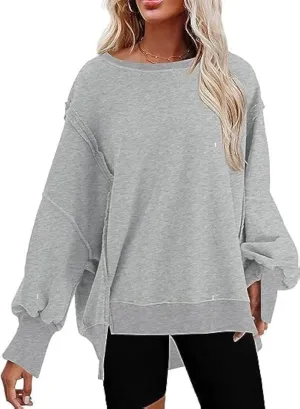 Womens Oversized Crewneck Sweatshirts Long Sleeve Side Slit Sweatshirt Lightweight Pullovers