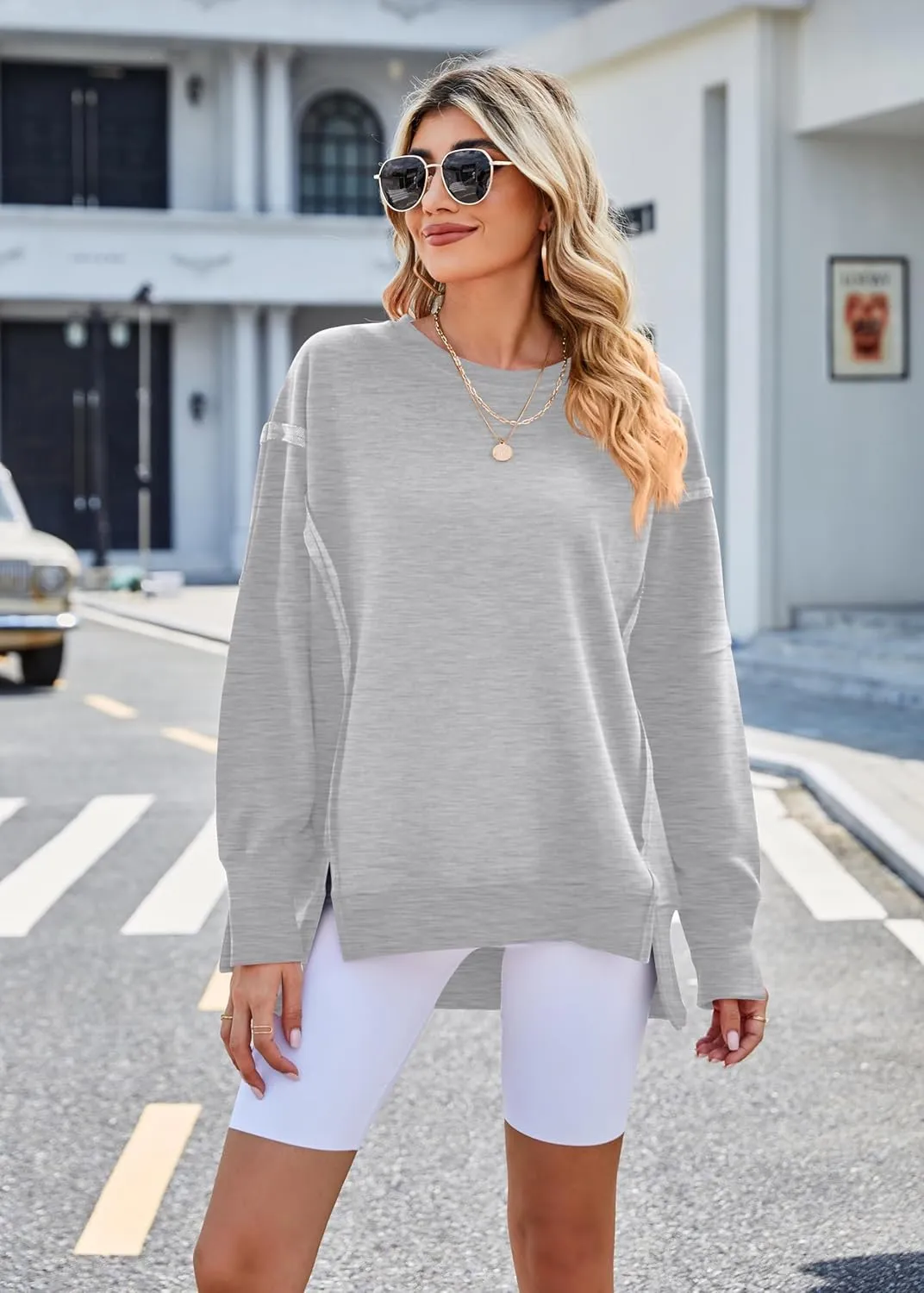 Womens Oversized Crewneck Sweatshirts Long Sleeve Side Slit Sweatshirt Lightweight Pullovers