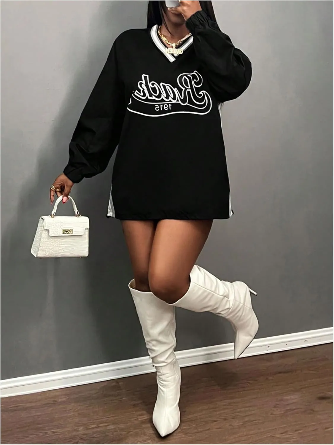 Women's Oversized Graphic Sweatshirts Color Block V Neck Long Sleeve Pullovers Preppy Jersey Tops