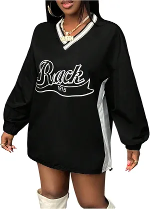 Women's Oversized Graphic Sweatshirts Color Block V Neck Long Sleeve Pullovers Preppy Jersey Tops