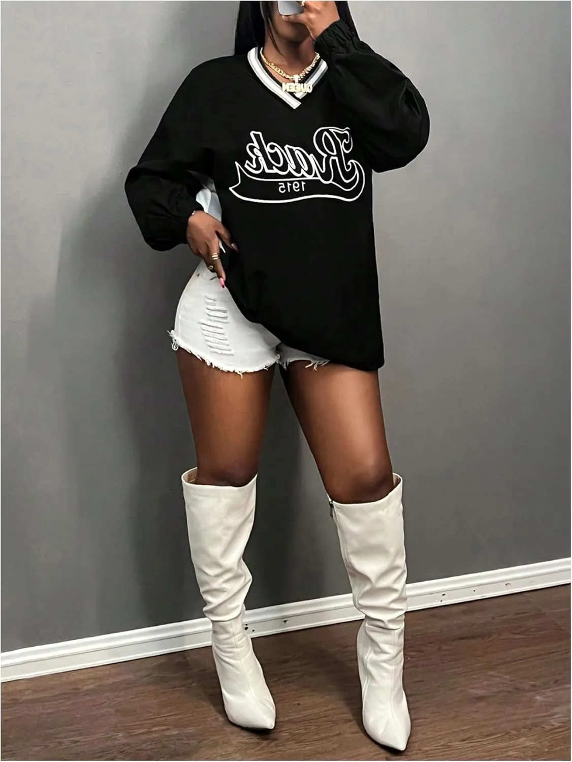 Women's Oversized Graphic Sweatshirts Color Block V Neck Long Sleeve Pullovers Preppy Jersey Tops