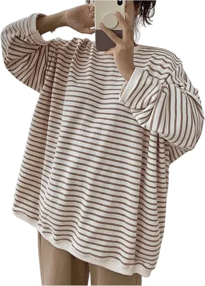 Women's Oversized Striped Crewneck Sweatshirts Long Sleeve Loose Fit Pullovers Tops Khaki Medium