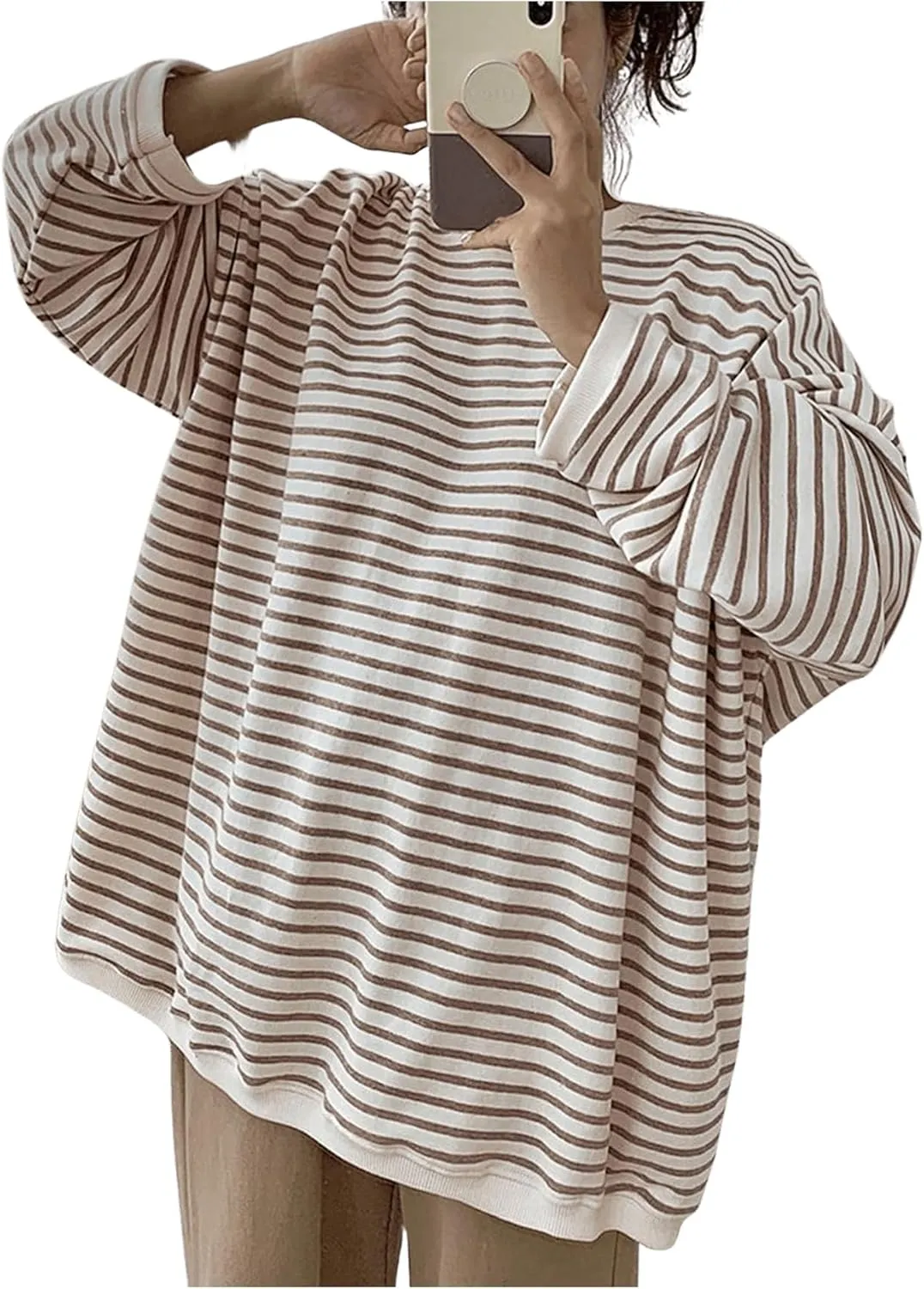 Women's Oversized Striped Crewneck Sweatshirts Long Sleeve Loose Fit Pullovers Tops Khaki Medium