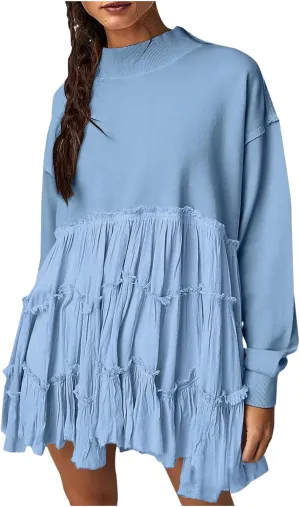 Women's Oversized Sweatshirt Mini Dress Long Sleeve Ruffle Hem Patchwork Pullover Tops Flowy Pleated Shirt Dresses