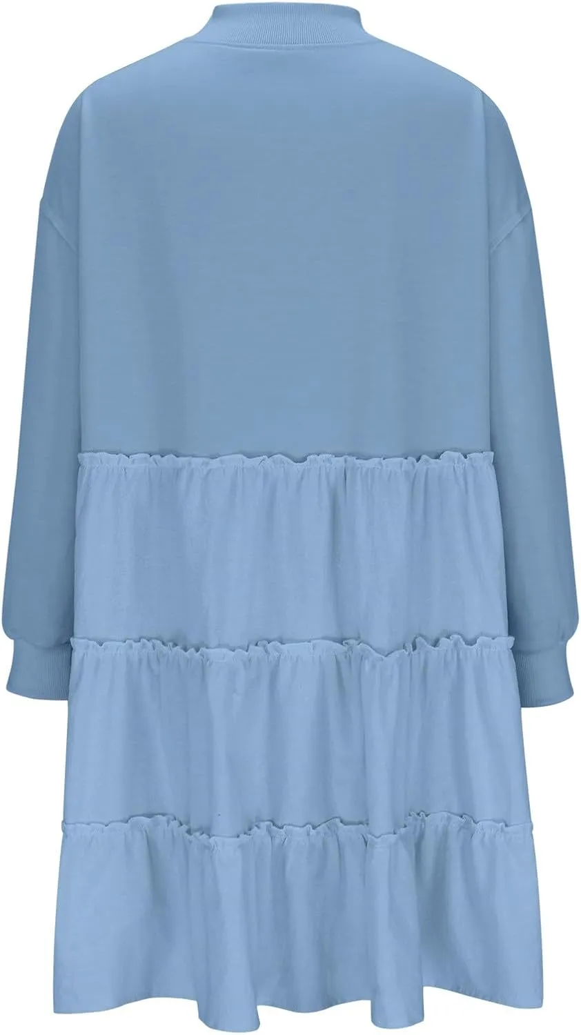 Women's Oversized Sweatshirt Mini Dress Long Sleeve Ruffle Hem Patchwork Pullover Tops Flowy Pleated Shirt Dresses
