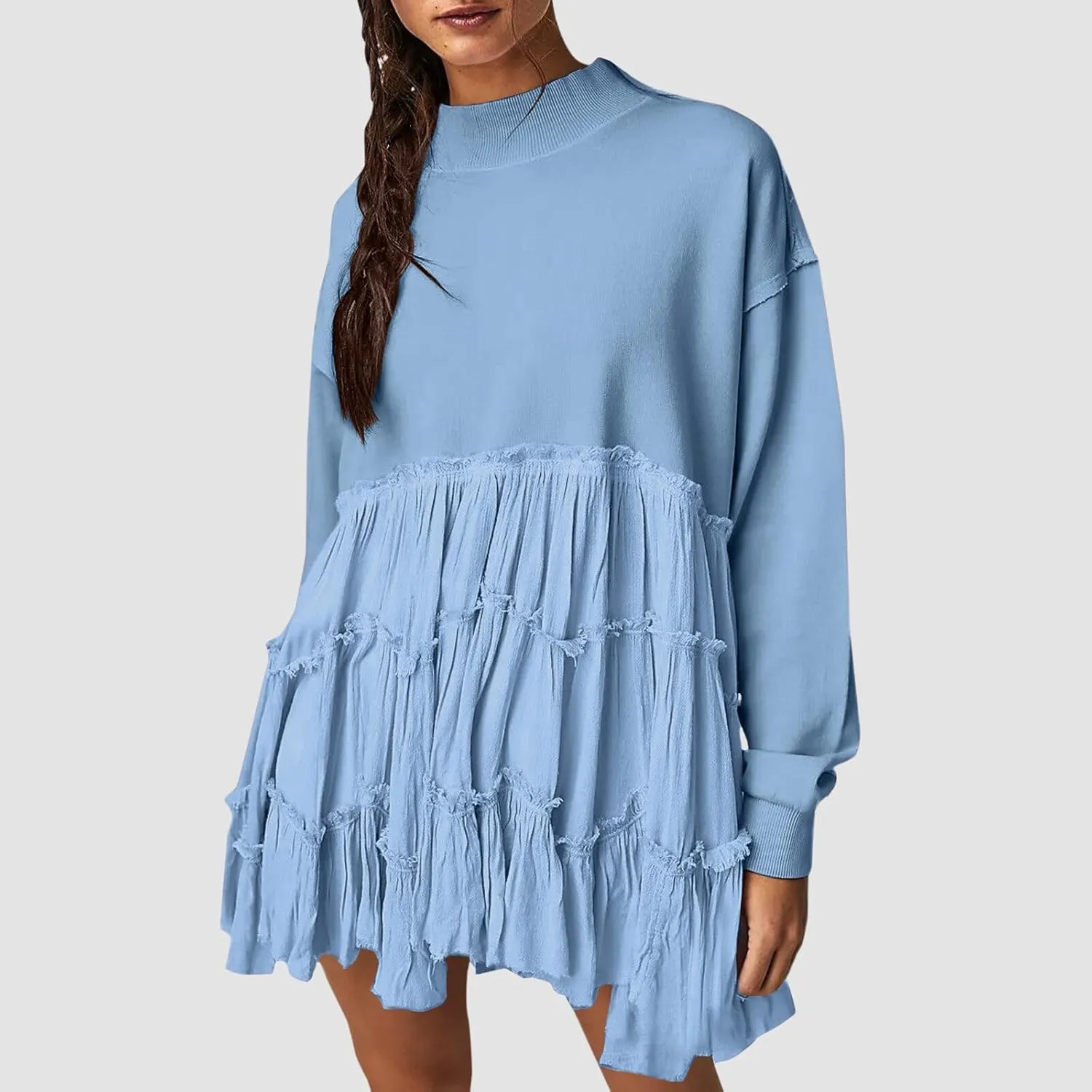 Women's Oversized Sweatshirt Mini Dress Long Sleeve Ruffle Hem Patchwork Pullover Tops Flowy Pleated Shirt Dresses