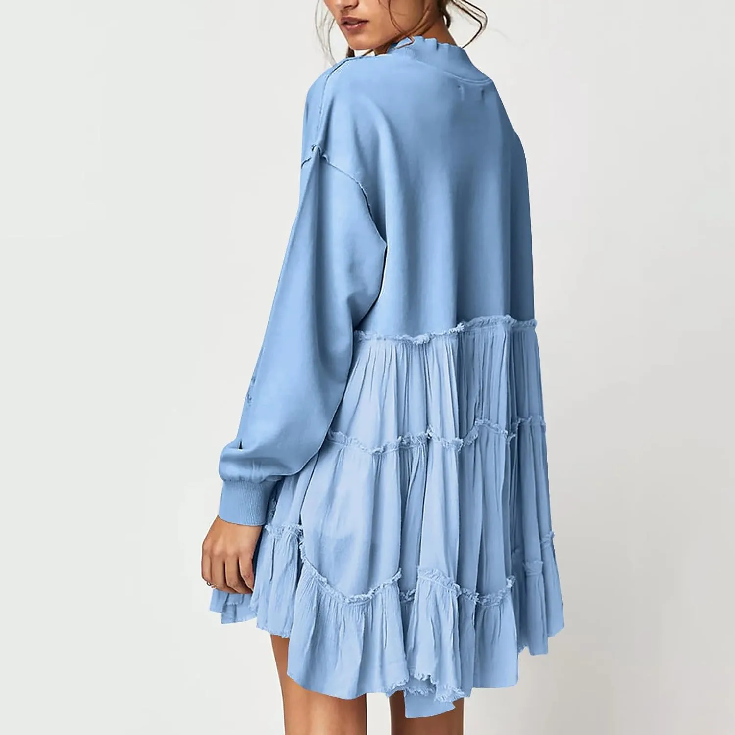 Women's Oversized Sweatshirt Mini Dress Long Sleeve Ruffle Hem Patchwork Pullover Tops Flowy Pleated Shirt Dresses