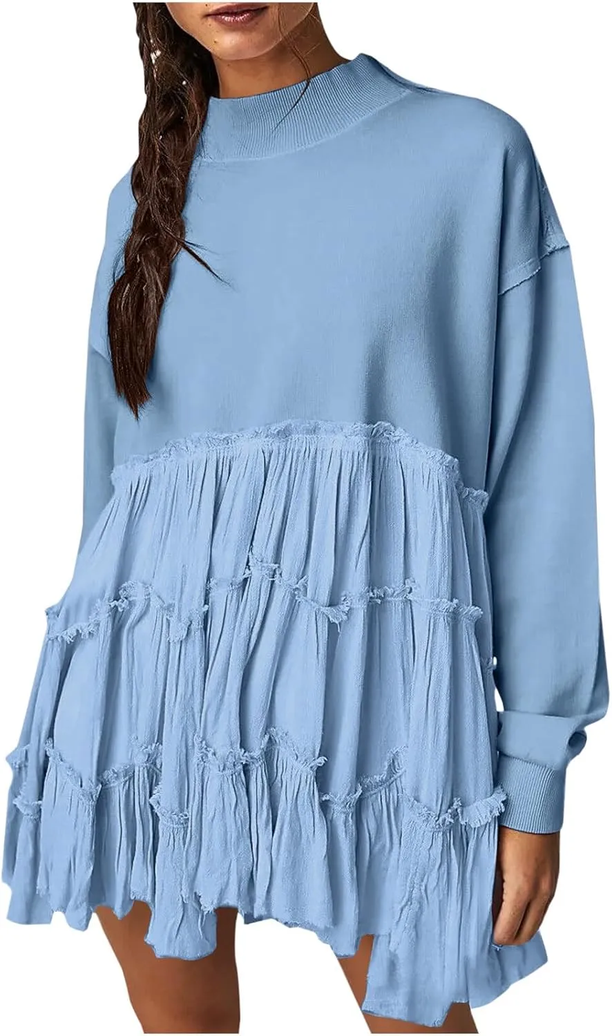 Women's Oversized Sweatshirt Mini Dress Long Sleeve Ruffle Hem Patchwork Pullover Tops Flowy Pleated Shirt Dresses
