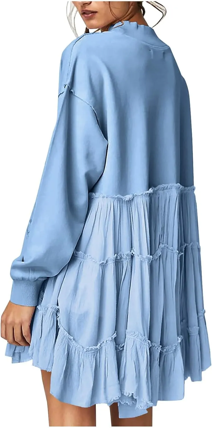 Women's Oversized Sweatshirt Mini Dress Long Sleeve Ruffle Hem Patchwork Pullover Tops Flowy Pleated Shirt Dresses