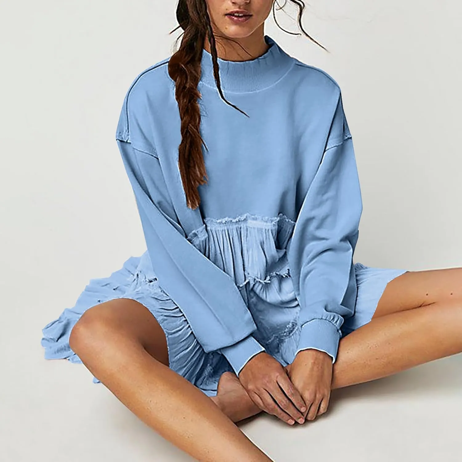 Women's Oversized Sweatshirt Mini Dress Long Sleeve Ruffle Hem Patchwork Pullover Tops Flowy Pleated Shirt Dresses