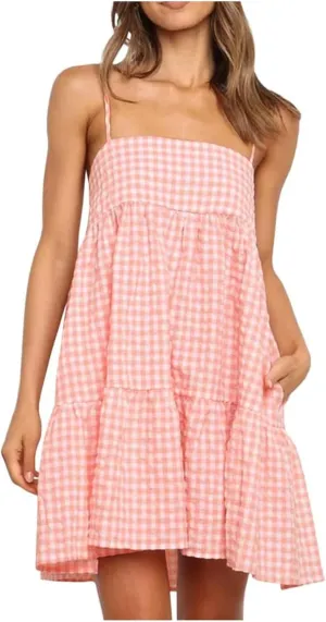 Womens Plaid A-line Dresses Shoulder Straps Ruffle Hem Casual Mini Dress with Side Pockets 2025 Sexy Dresses