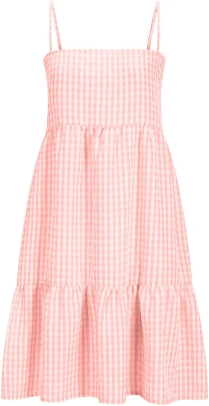 Womens Plaid A-line Dresses Shoulder Straps Ruffle Hem Casual Mini Dress with Side Pockets 2025 Sexy Dresses