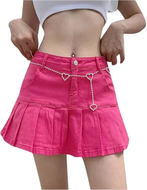 Womens Pleated Jean Skirt A-Line High Waisted Women Denim Mini Skirt Jean Skirts Skorts for Women with Pockets