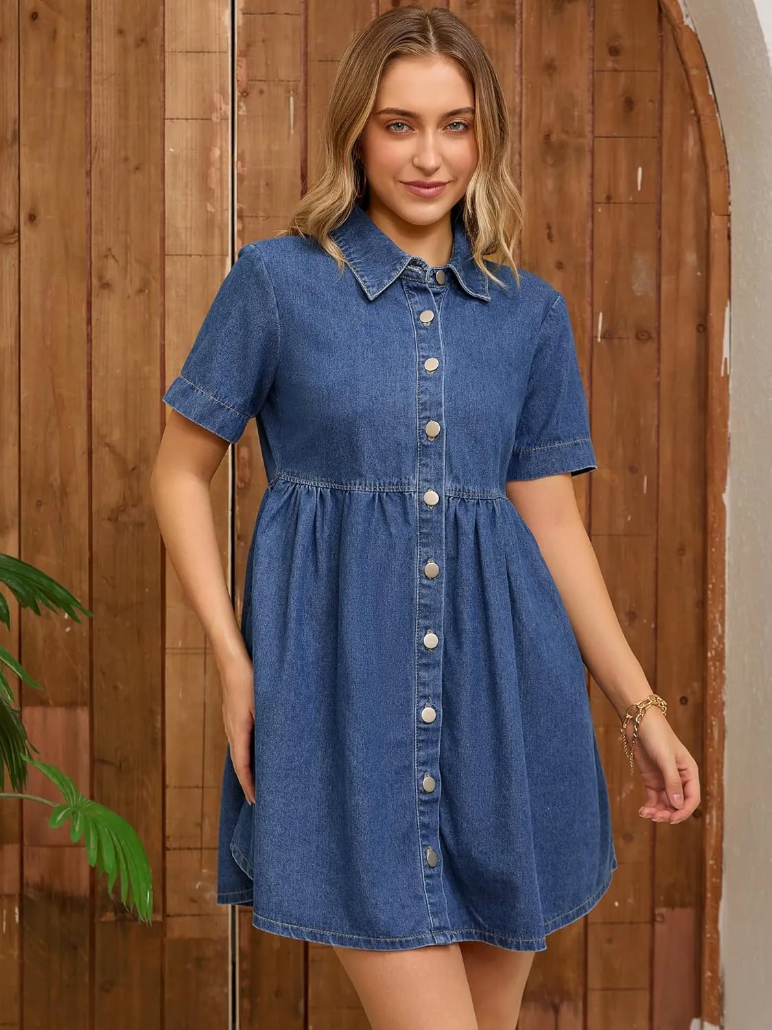 Women's Plus Size Denim Dress Babydoll Collared Short Sleeve Button Down Jean Shirtdress Mini Dresses