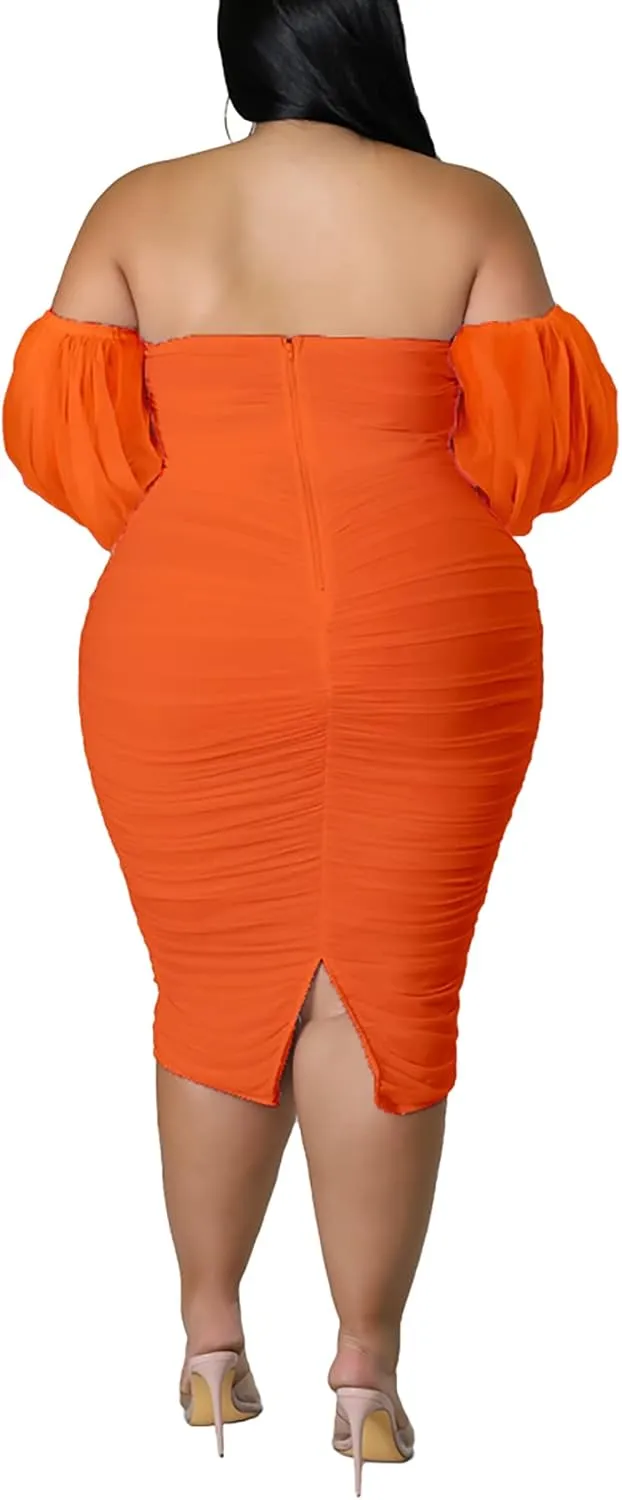 Women's Plus Size Off Shoulder Mesh Puff Long Sleeve Bodycon Ruched Midi Party Cocktail Dress