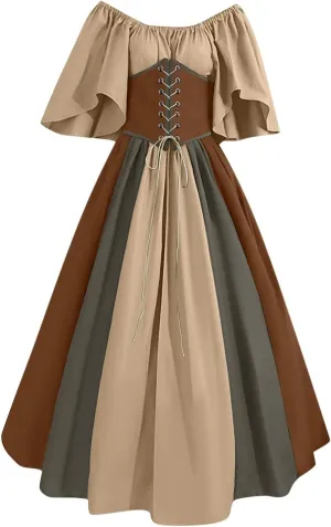 Womens Plus Size Renaissance Medieval Costumes Vintage Off Shoulder Corset Dress Trumpet Sleeve Gothic Cosplay Dress