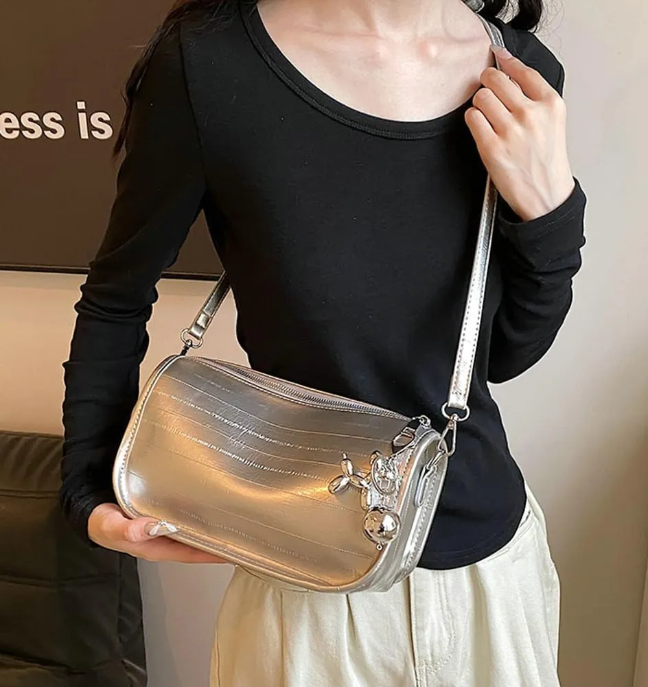 Women's PU Leather Crossbody Handbags Y2K Sparkly Shoulder Tote Bgas Adjustable Strap Hobo Purse